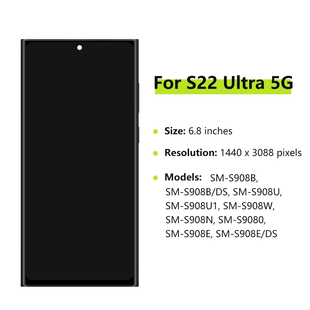 S22 Ultra AMOLED จอแสดงผล LCD สําหรับ Samsung Galaxy S22 Ultra S908B S908E จอแสดงผล LCD Touch Screen Digitizer 6.67 "LCD