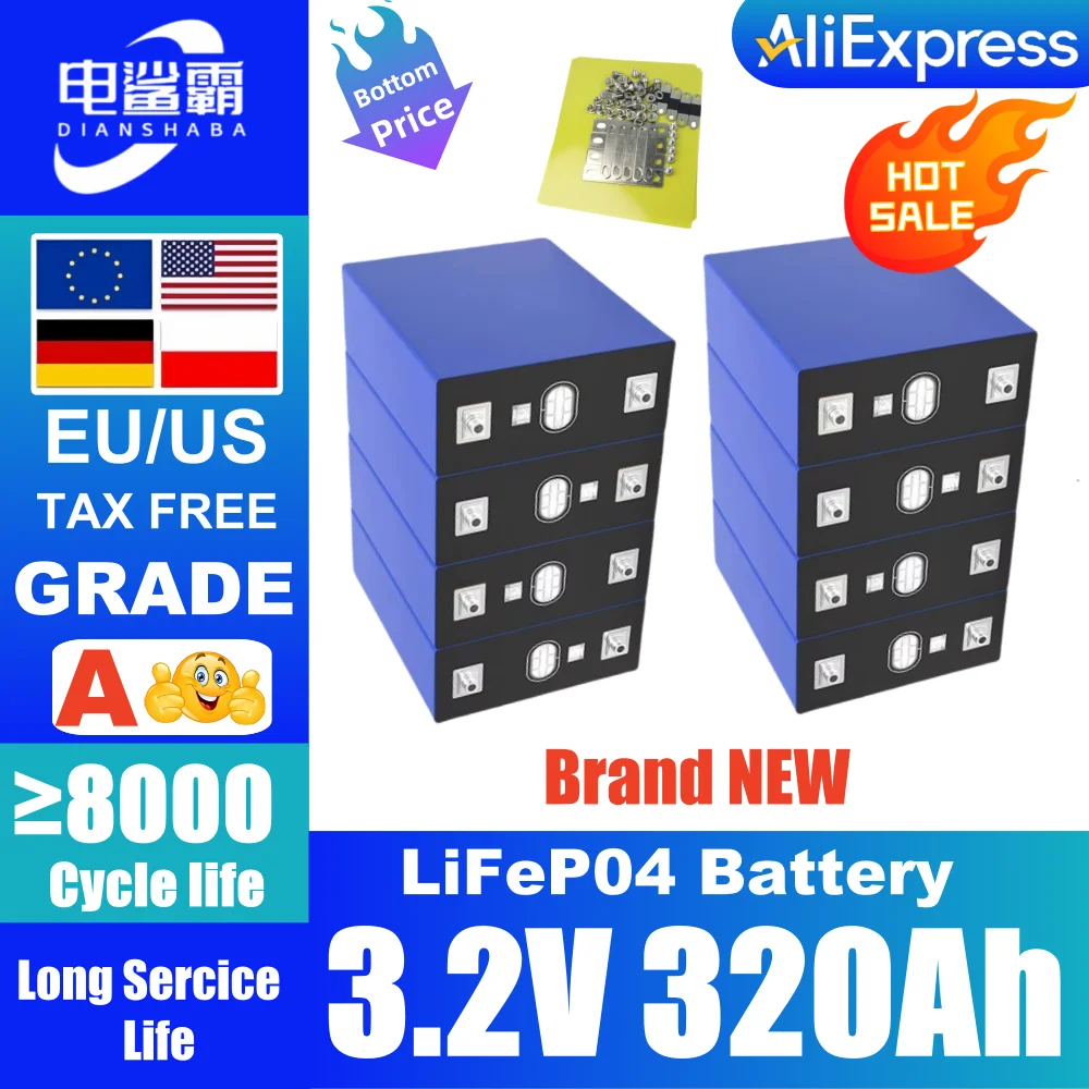 320ah 8000 cycle LiFePO4 3.2v rechargeable battery, suitable for DIY 12V 24V 48V caravan marine solar energy system no tax