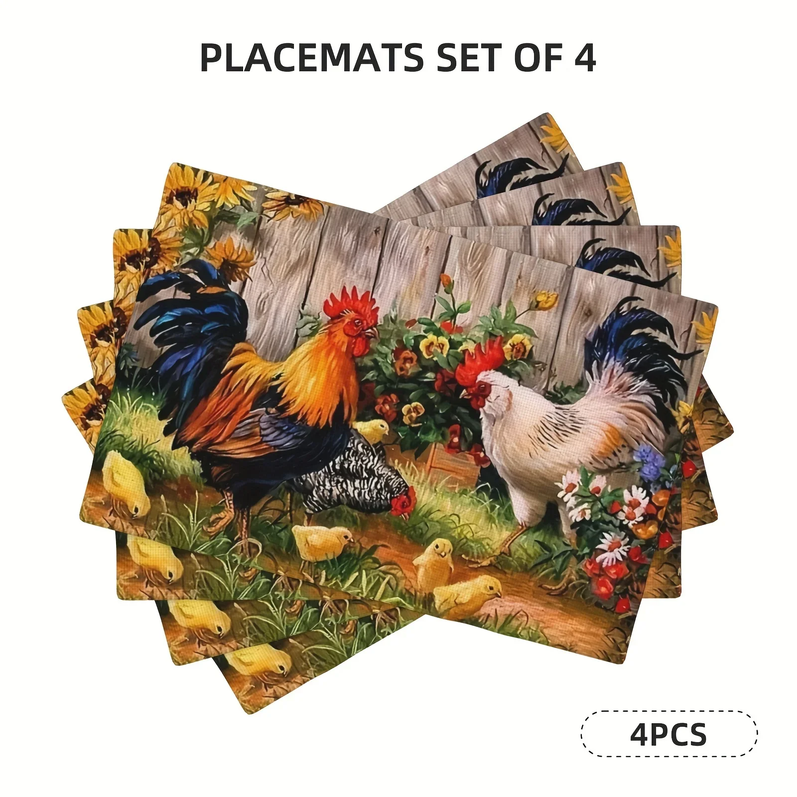 4pcs Rooster & Hen Floral Placemats – 12x18 Inch Table Mats for Kitchen, Dining, Restaurant & Family Party Decor