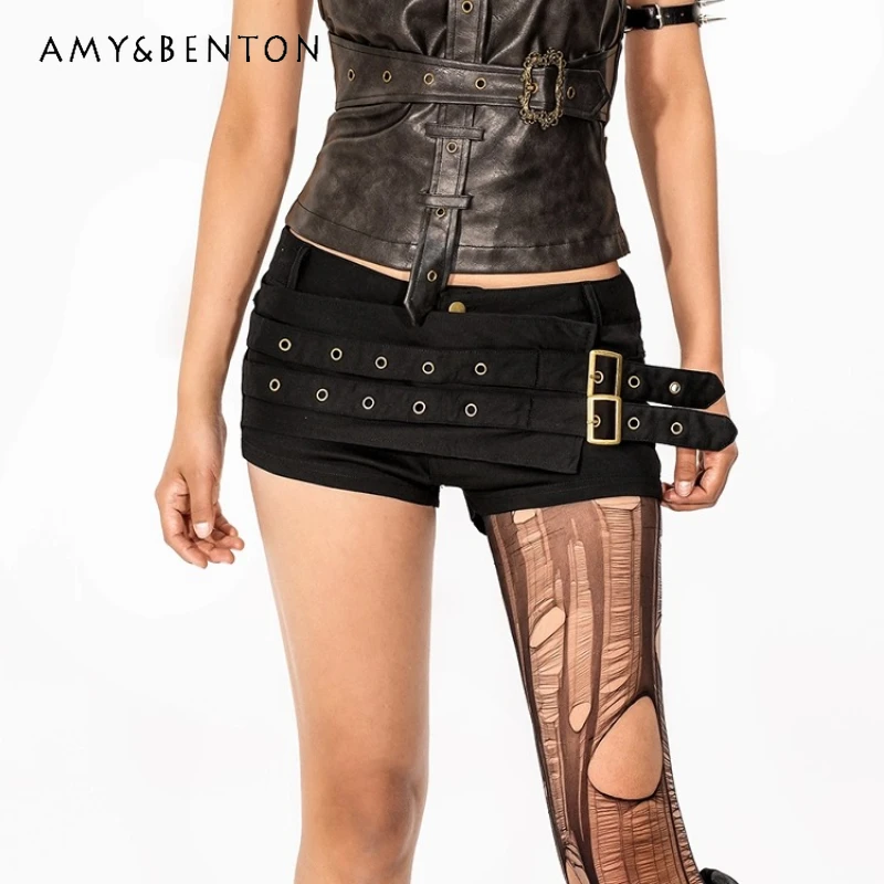 

American Retro Design Rivet Splicing Women's Pants 2025 Autumn New Black Y2K Hot Girl Sexy Low Waist Tight Hip Shorts Ladies