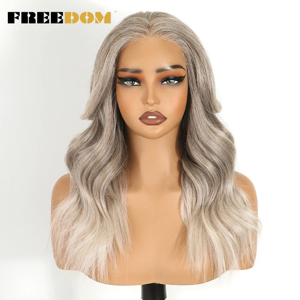 FREEDOM Synthetische Lace-Front-Perücken für Damen, natürlich gewellt, 18 Zoll, 13x3 Lace-Perücke mit vorgezupfter Haarlinie, vorgefertigte Ombre-Braun-Perücken mit Highlights – Detail 14