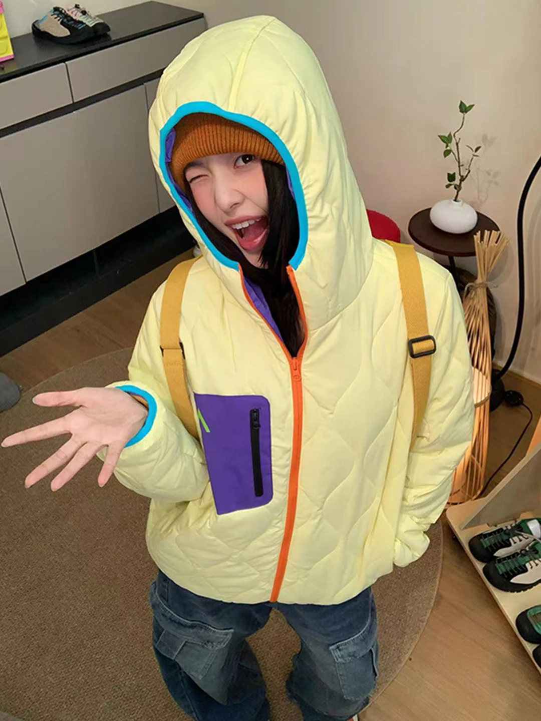 

Dopne adient Color Blo down Cotton Jaet Men's Women's Winter Lightweight Thiened Hooded Outdoor Cycling Sport Coat