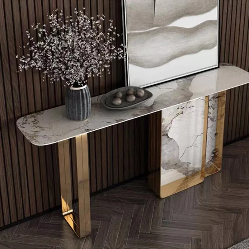 

Italian light luxury rock slab entrance table simple modern wall entrance table hotel corridor stainless steel end view table