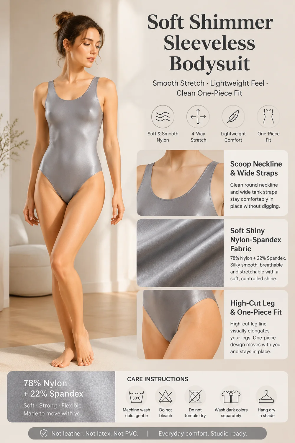Maillot de Ballet Brillante para Mujer Adulta, Sin Mangas, Cuello Redondo, Corte Alto, Traje de Danza de Una Pieza para Entrenamiento y Actuación