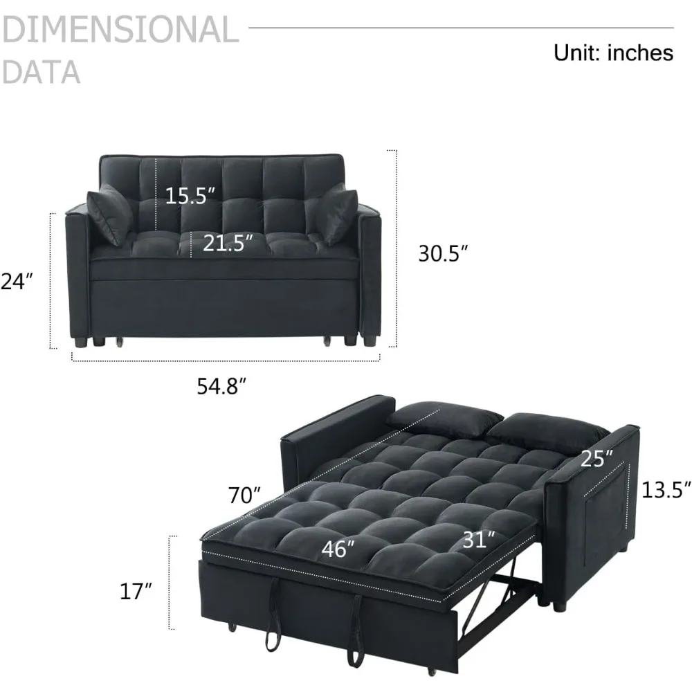 Sleeper Sofa Bed, 3-in-1 Velvet Pull Out Couch with Armrests, Storage Pockets and 2 Pillows, Adjustable Backrest, Sofa Bed