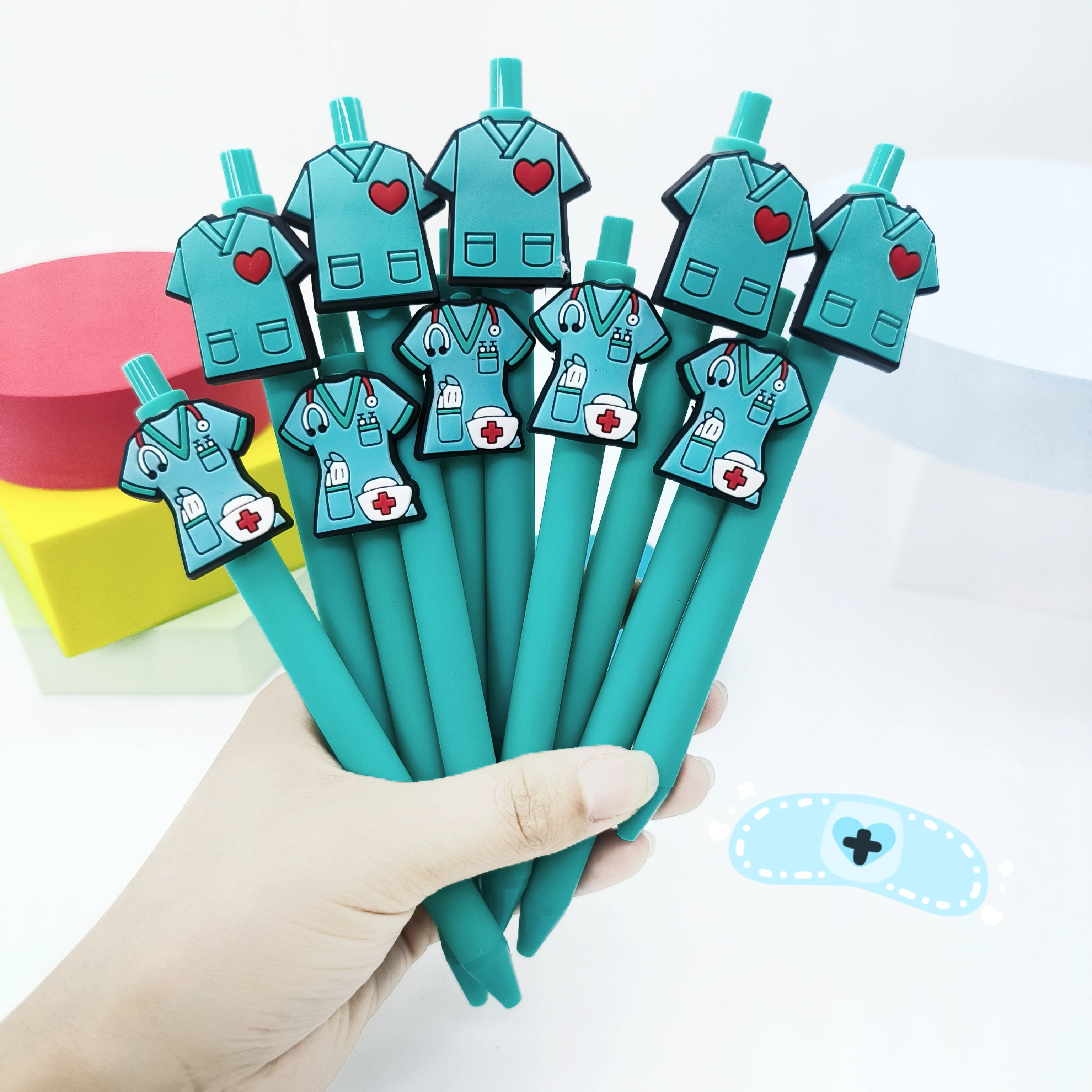 

10Pcs blue-green doctor nurse uniform patch pen, nurse uniform modeling ballpoint pen, student writing gift pen, random style