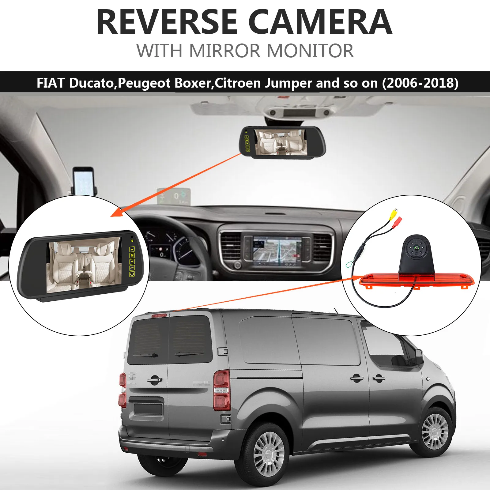 7 inch Mirror Monitor with 3rd Brake Light Rear View Reverse Backup Camera Kit for Fiat Ducato Boxer Citroen Jumper Van