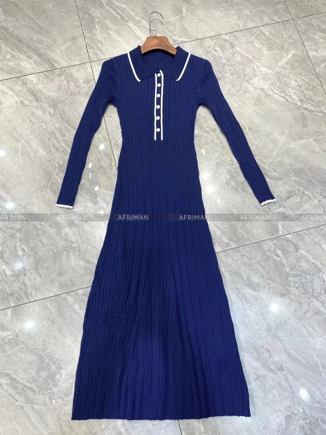 Women Polo Collar Color Patchwork Threaded Knitted Long Dress