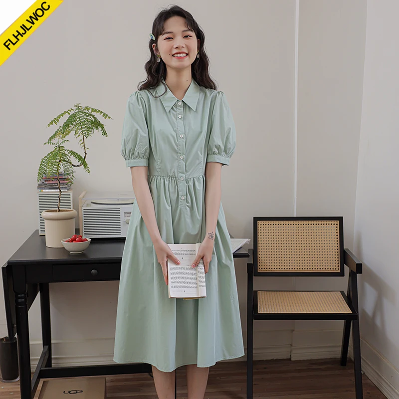 Katoenen overhemdjurken Nieuw ontwerp 2025, zomer, korte mouw, schattig, zoet, Japanse meisjes, preppy stijl, retro vintage groene jurk