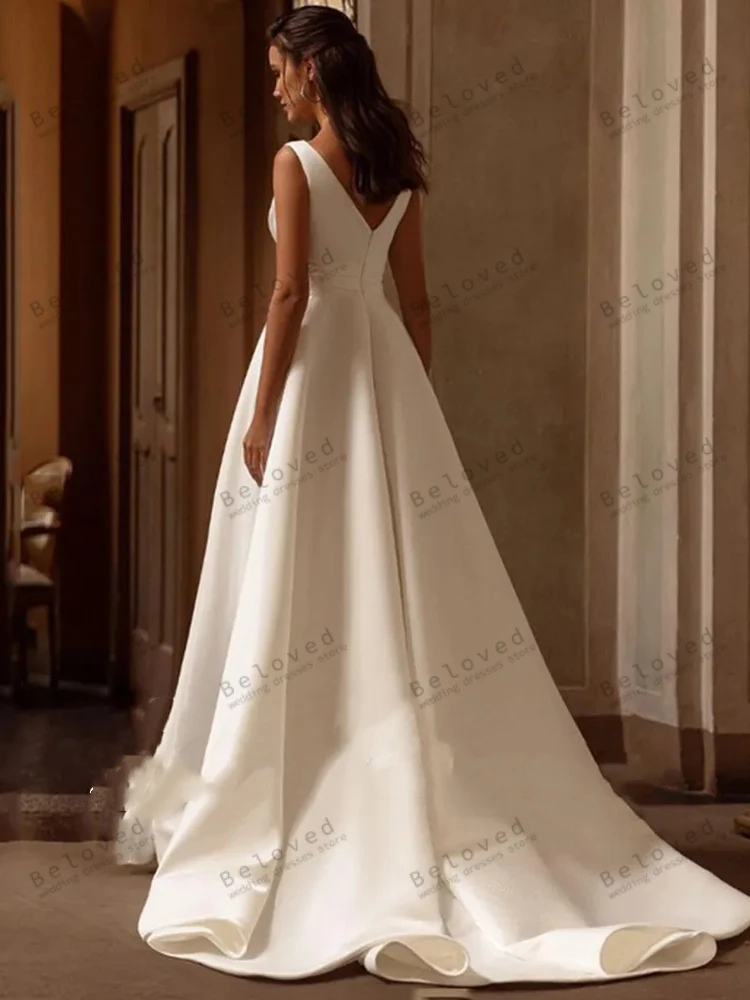 Vestidos De Novia elegantes, Vestidos De Novia sencillos con cuello en V, sin mangas, satén, longitud hasta el suelo, línea A, Novia