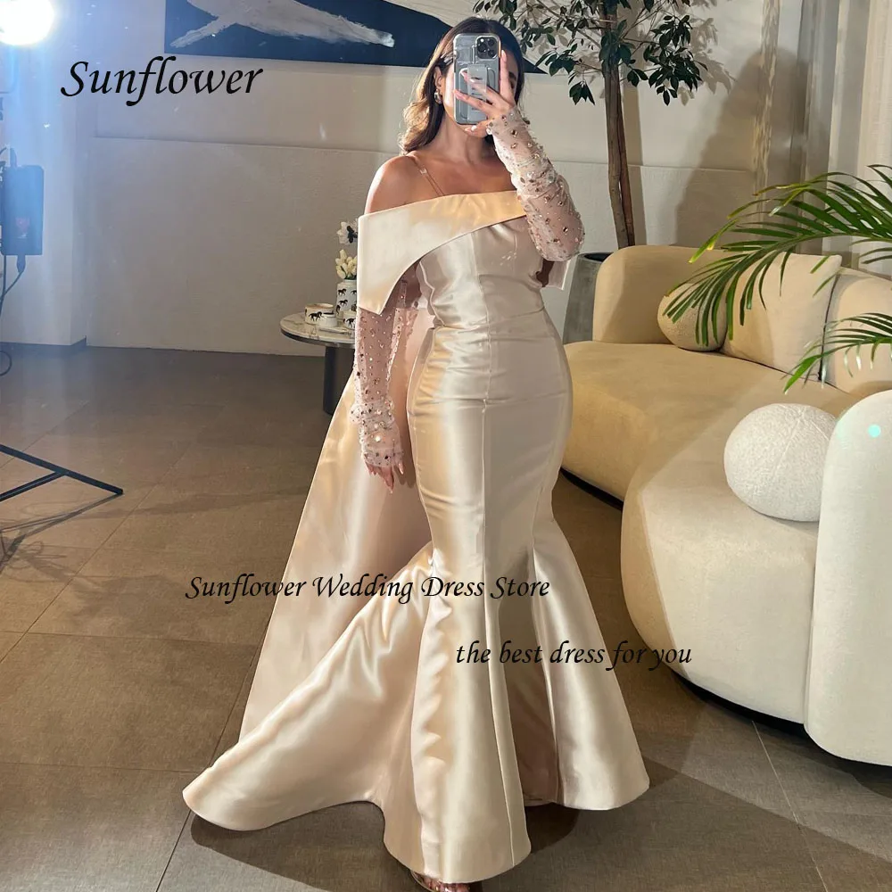 Sunflower Off the Shoulder Evening Dress Saudi Arabia 2023 Slim Satin Mermaid Lace Sleeves Prom dress Floor-Length Party Dress