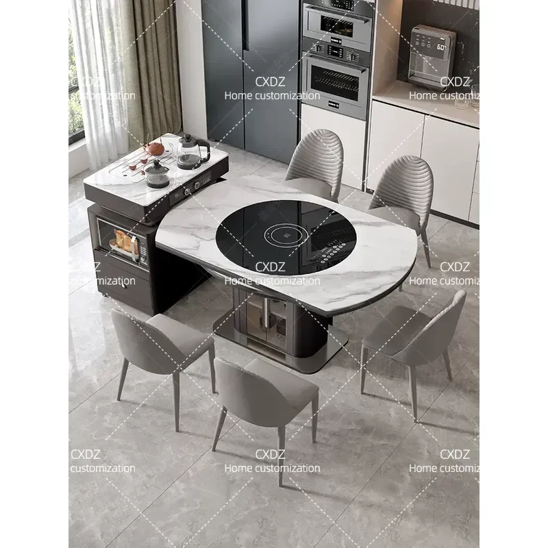 Black Rock Slab Island Dining Table with Integrated Induction Cooker Thermal Insulation Vegetable Warming Turntable Light