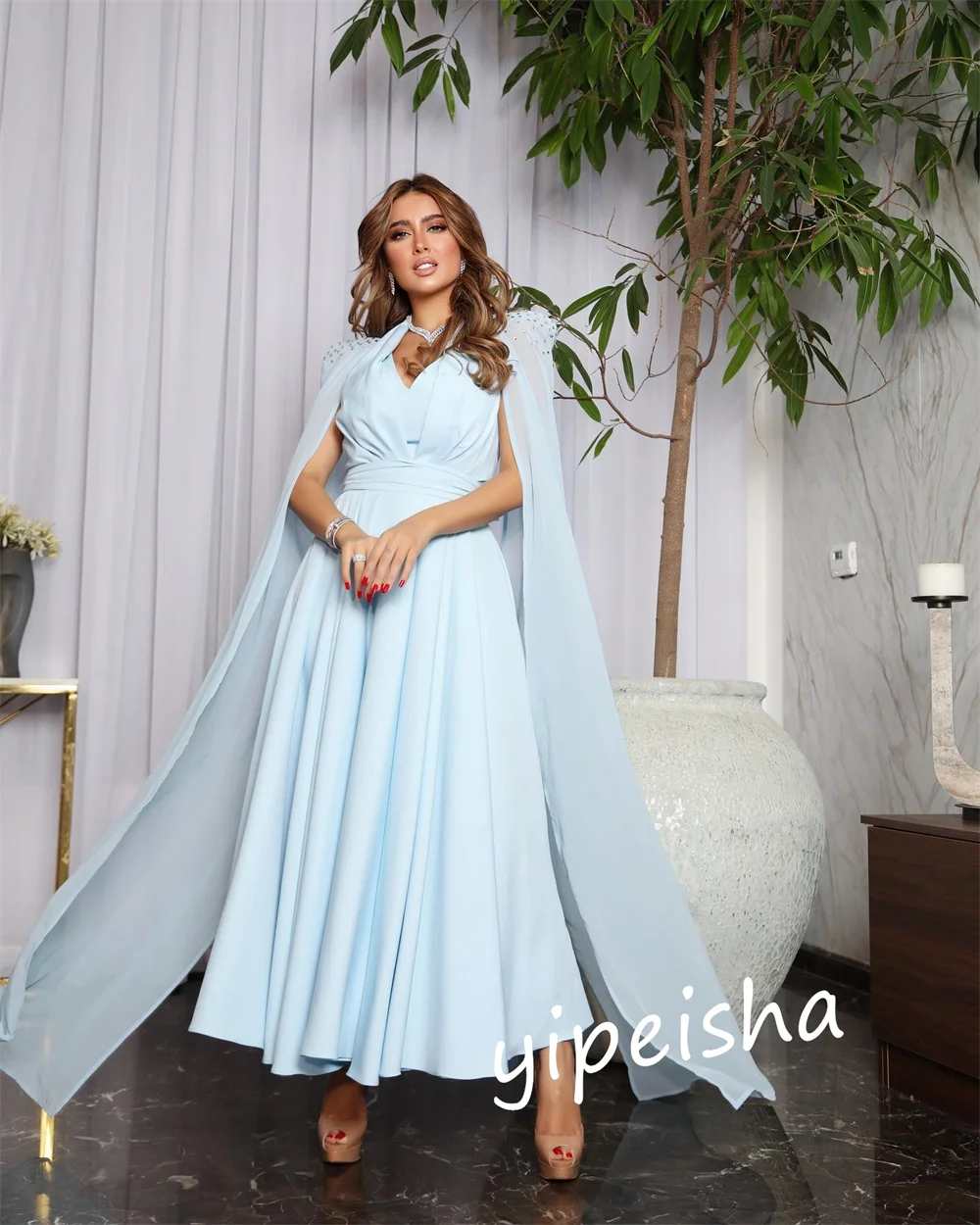 Jiayigong     Charmeuse Pleat Party A-line V-neck Bespoke Occasion Gown Midi es Saudi Arabia