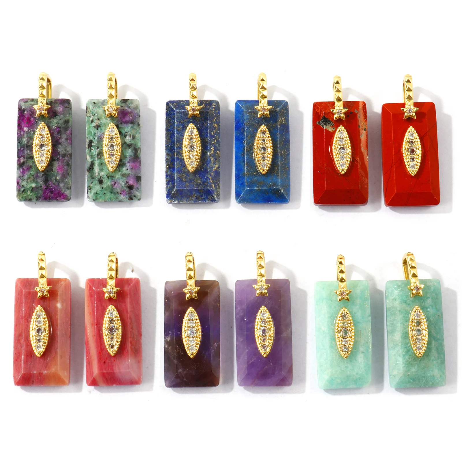 2pcs Multicolor Rectangle Charms Natural Stone Gold Plated Brass Cubic Zirconia Pendants DIY Necklace Jewelry Findings 3.1x1.3cm