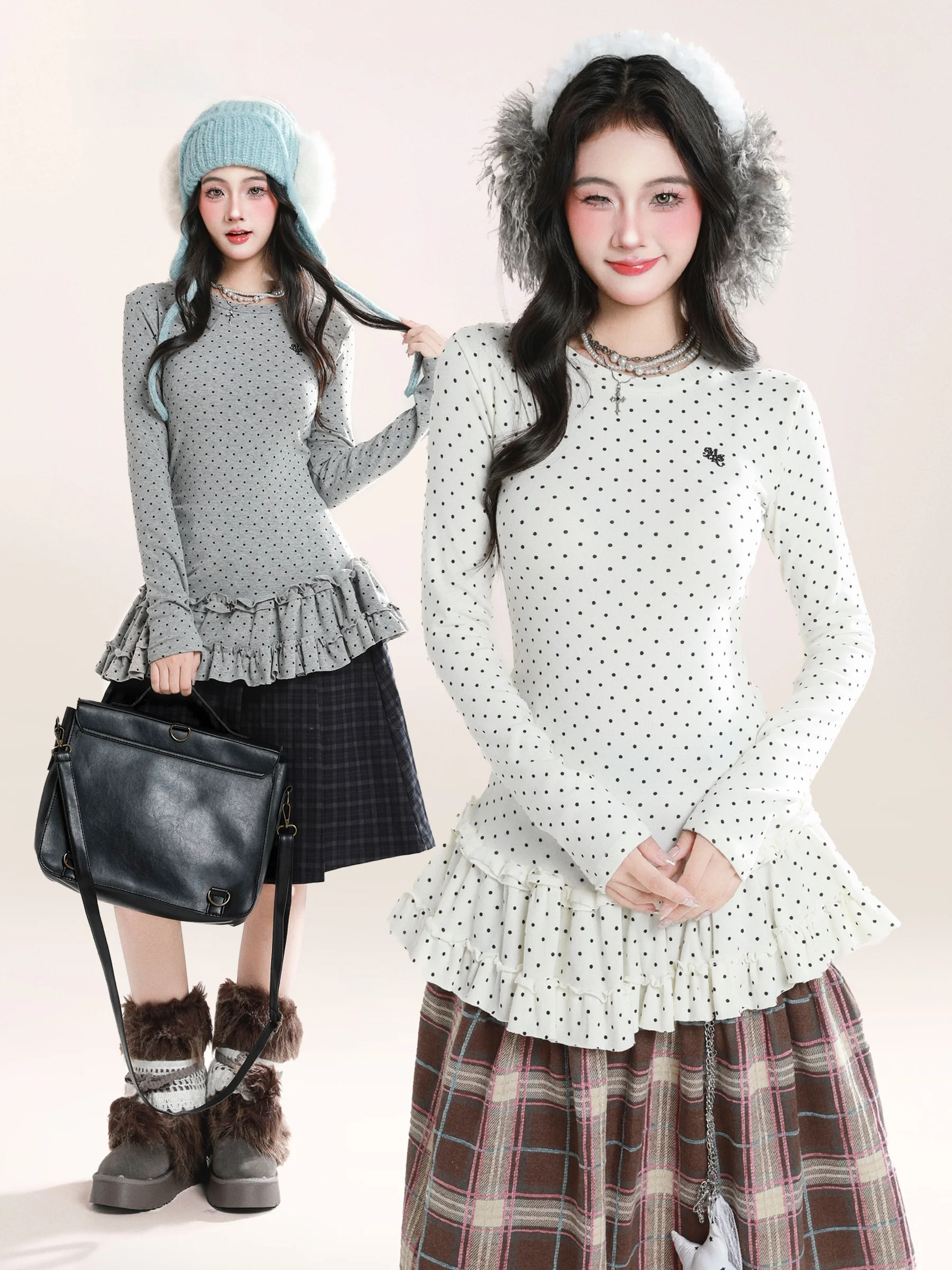 

Корейская футболка Sle Long Sve, женская футболка с базовым слоем, осенняя внутренняя одежда, футболка с перекрытием и принтом в горошек, милая юбка с ушками