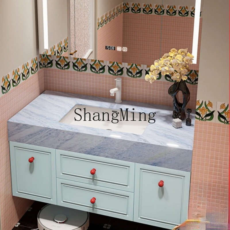 

FG cream wind blue crystal luxury stone ceramic under the counter basin rubber wood smart bathroom cabinet