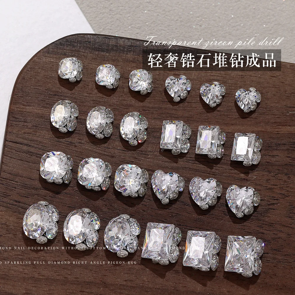 3PCS Sparkling Stacked Zirconia Nail Charms Square Heart Oval Surrounding Micro Diamond for Bridal Luxury Red Carpet Manicures