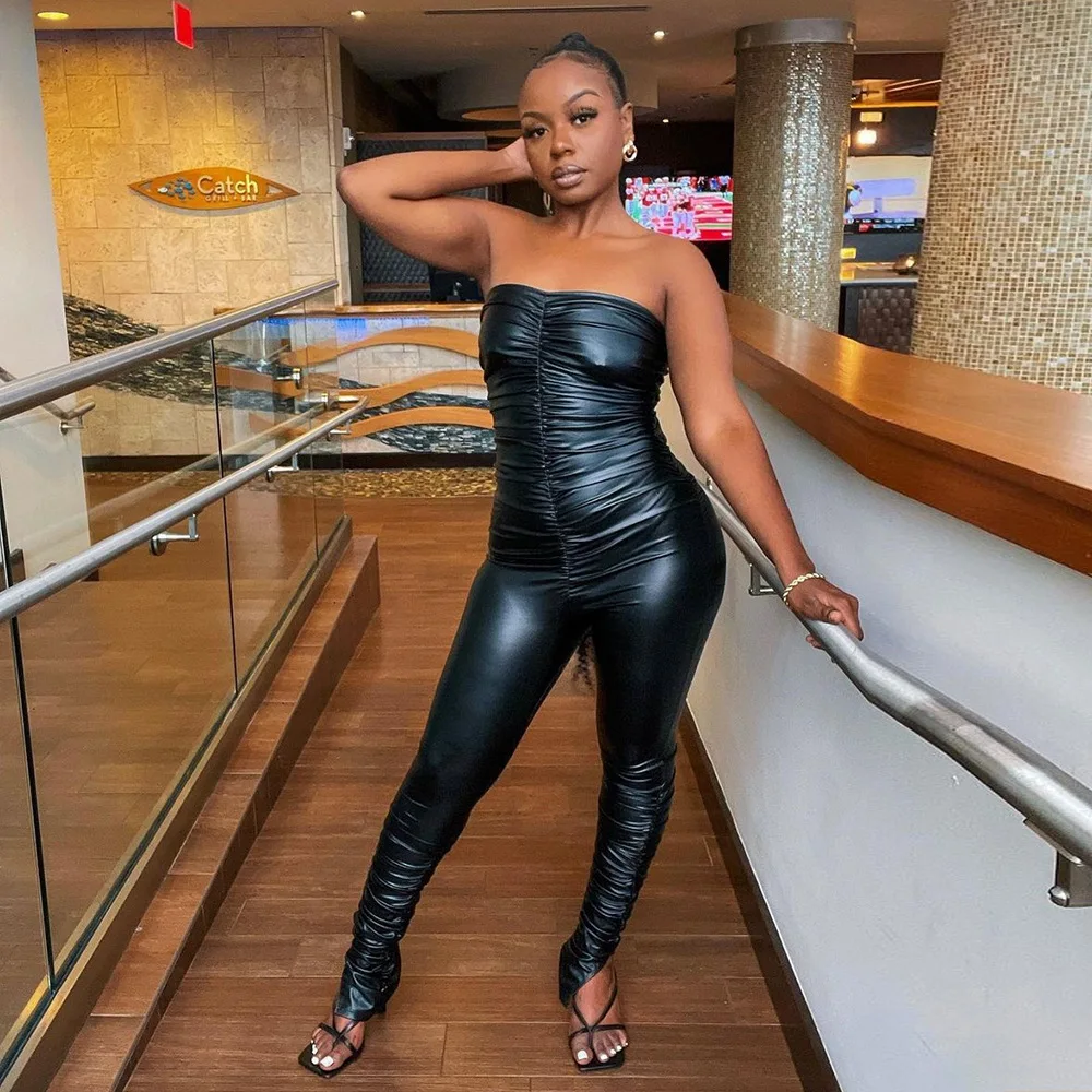 

Новинка 2024, осенний женский облегающий комбинезон из искусственной кожи со складками, модные длинные брюки со средней талией, китайское производство