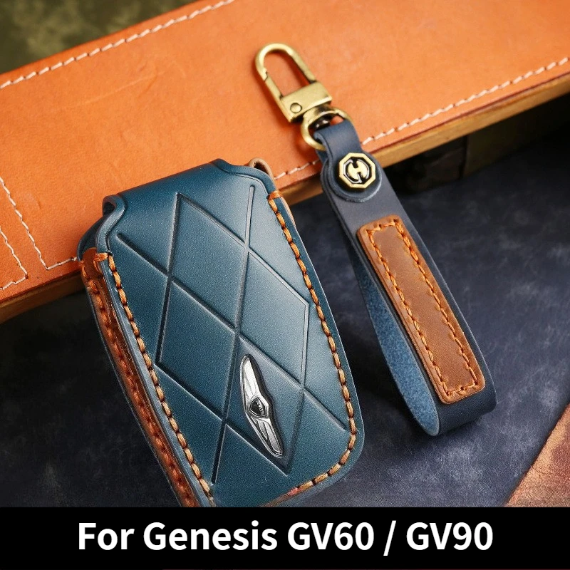Full‑Cover Anti‑Drop Genuine Leather Key Case for Genesis GV60 GV90,Handmade Retro Premium Car Key Protector With Buckle