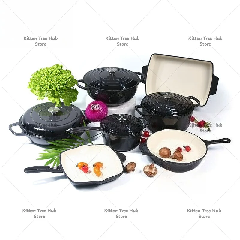 Cast Iron Enamel Pan Seven-piece Set 24cm Soup Pan Frying Pan Non-stick Cast Iron Cookware Set
