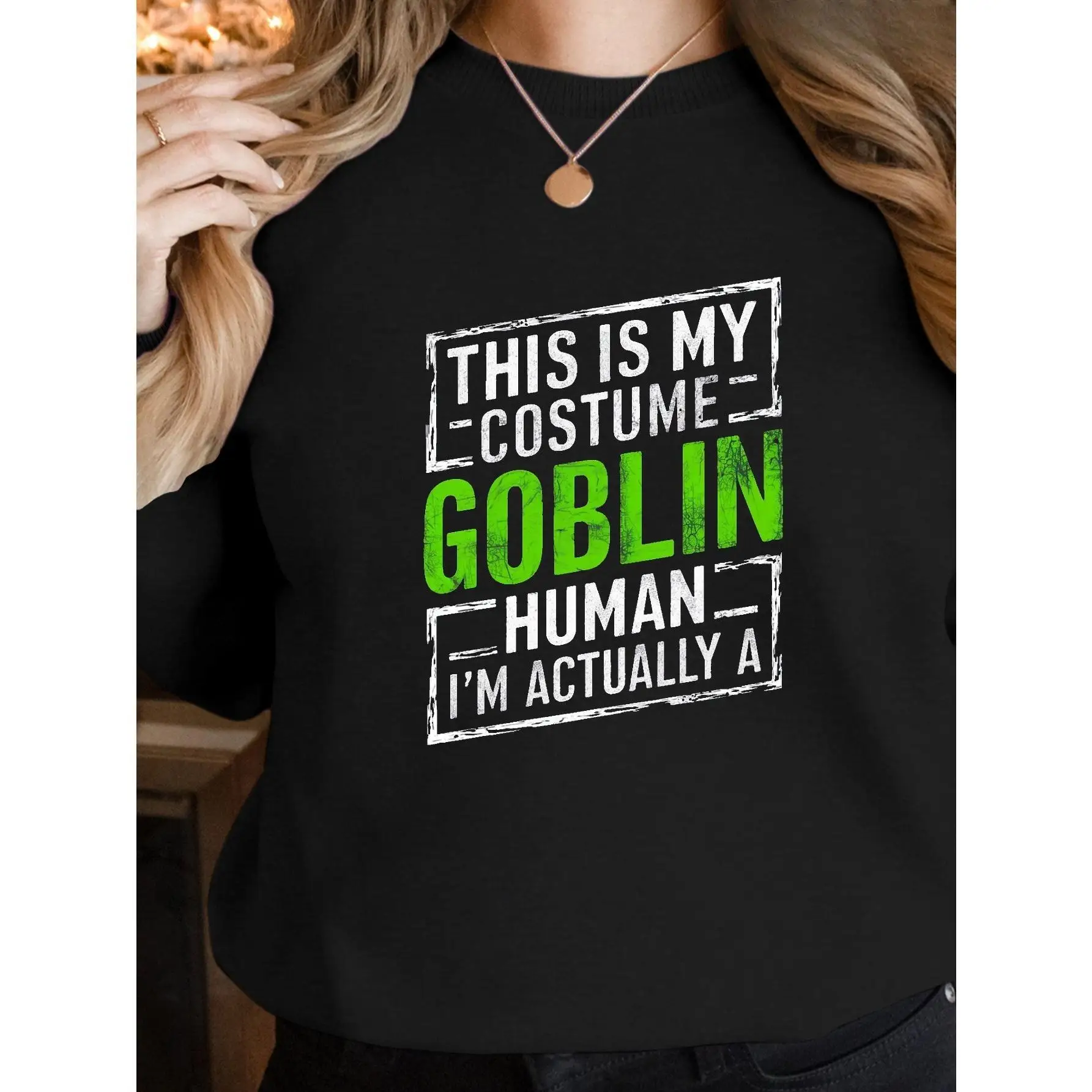 

Funny Goblin Costume Sweatshirt for Women, Halloween Slogan Crewneck Pullover, Oversized Long Sleeve Jumper for Parties