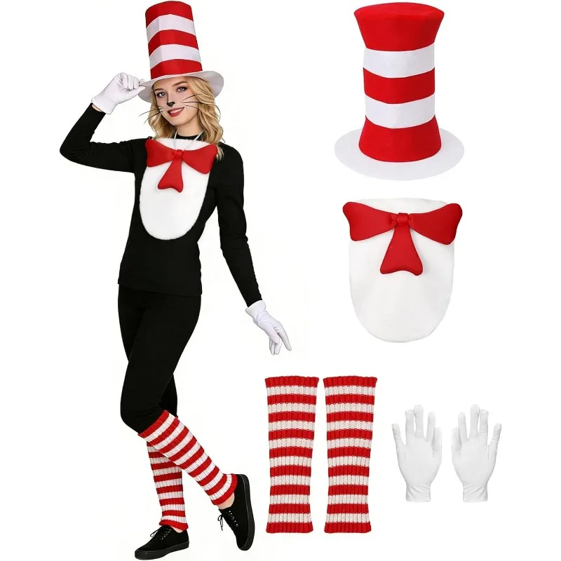 

Cat Costume 4PCS Accessories Red Set Tall Hat Bow Tie Gloves and Leg Warmers for World Book Day Halloween Cosplay Fancy Dress Up