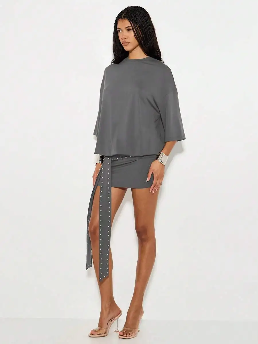 

Oversized T-Shirt Mini Dress With Studded Belt Three Quarter Sleeves Casual Spring Summer