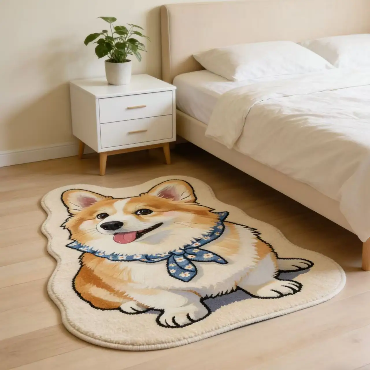 VIKAMA Smiling Corgi Shaped Plush Rug Non Slip Washable Animal Floor Mat Cute Bedroom Bedside Doormat Pet Lover Decor