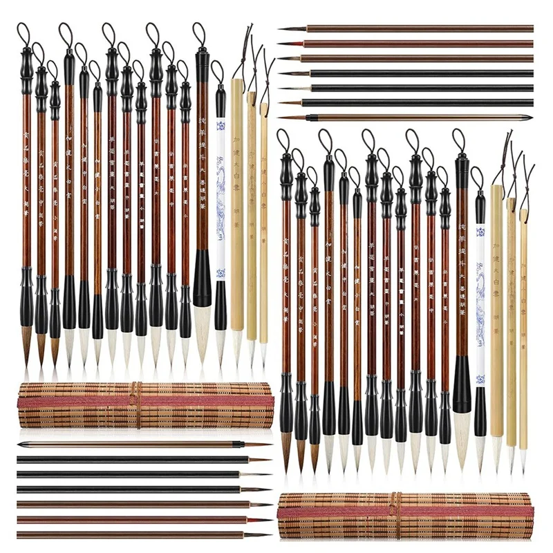 Chinês Caligrafia Escova Conjunto com Rolo De Bambu, Bulk Escova De Aquarela, Suporte para Escrita, Adequado Para Pintura, 48 Pcs