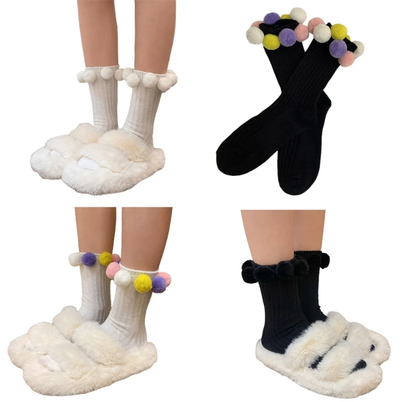 

Womens Long Socks Calf Pom Pom Socks Knee Socks Campus Girls School Socks