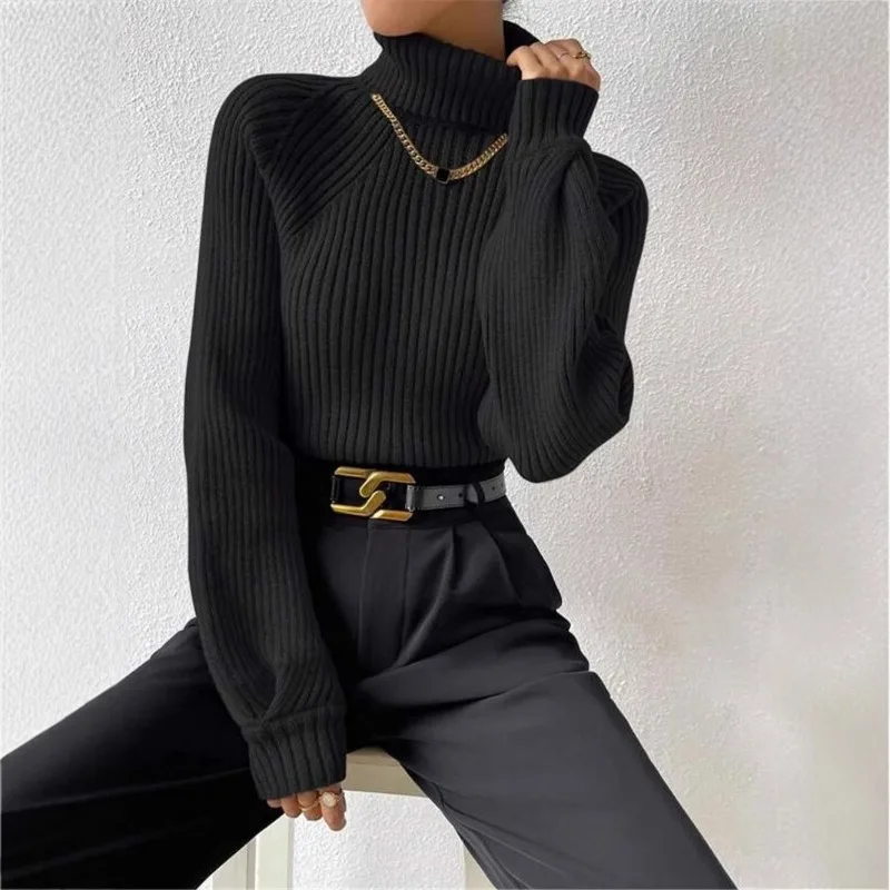 Women's Autumn Winter Sweaters New Fast Selling Loose High Neck Drop Shoulder Sleeves Knitted Pullover Sweater Warm Soft Tops