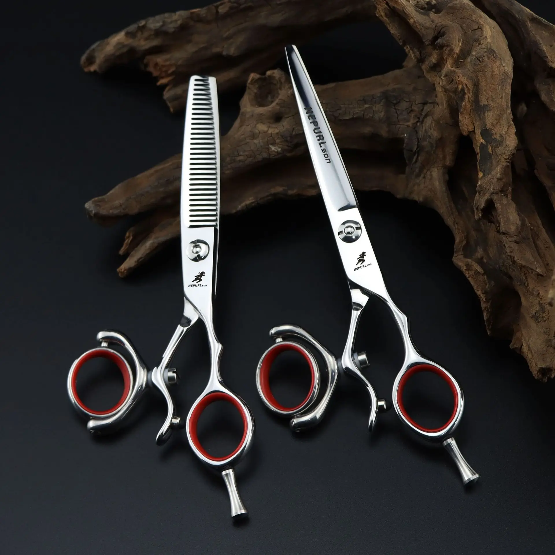 Professional barber scissors, 6.0 inches, made in Japan with 440C steel, 360-degree rotating handle, fly-cutting function