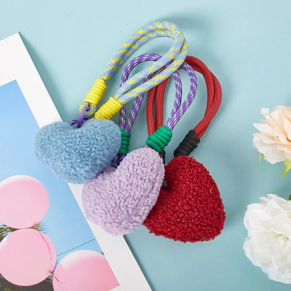 Durable Plush Lanyard Keychain Colorful Love Heart Bags Braided Strip Bag Pendant