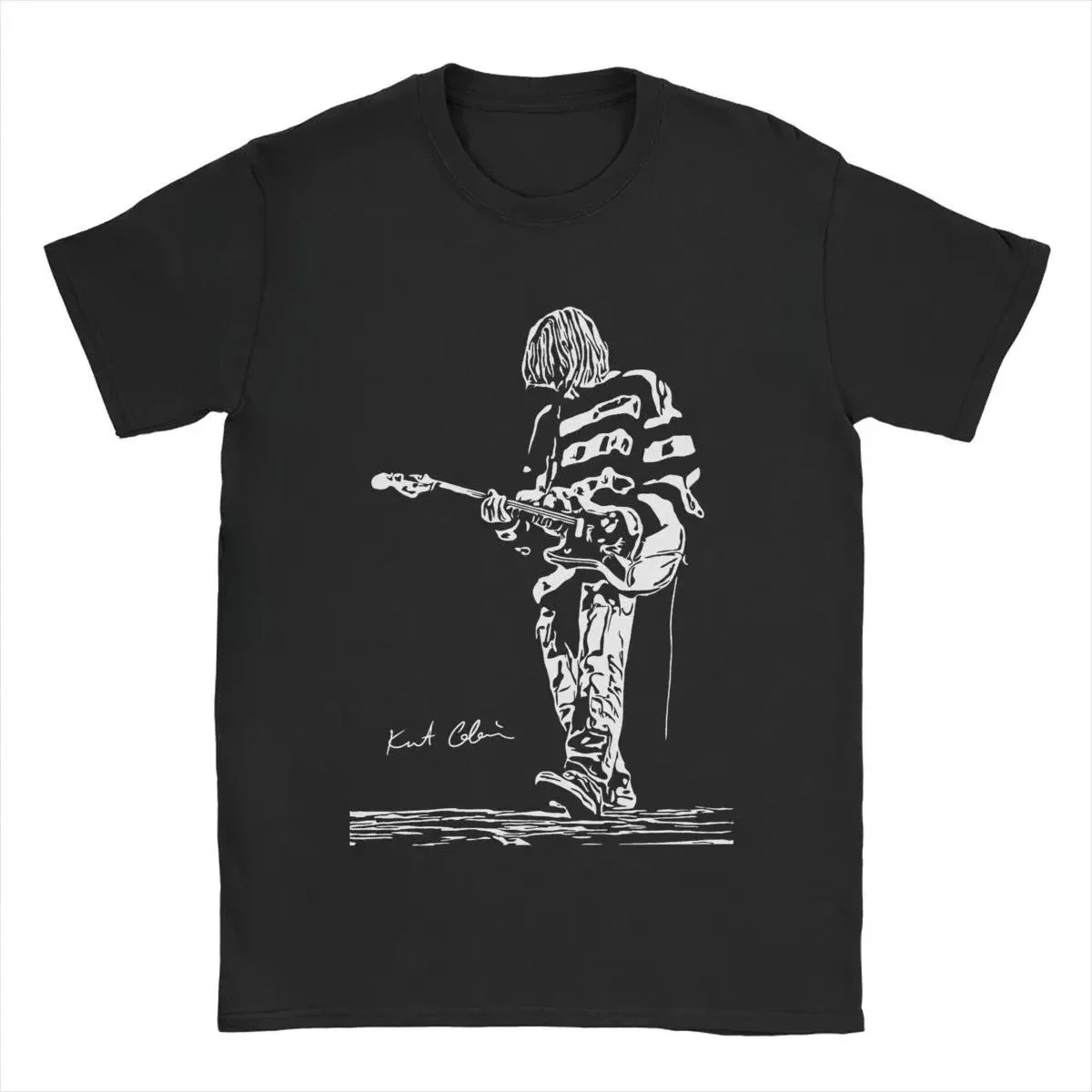 2026 Vintage Rock Music Print Men Women T‑Shirt Black Tee Line Drawing Guitar Figure With Hand Signature Soft Cotton Short