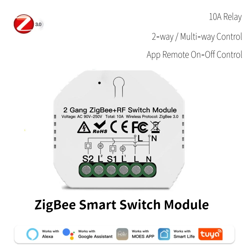ZigBee RF433MHz 2 Gang Hidden Smart Relay Switch Module 2‑Way Control Home Light Automation Tuya Smart Life APP Voice Control