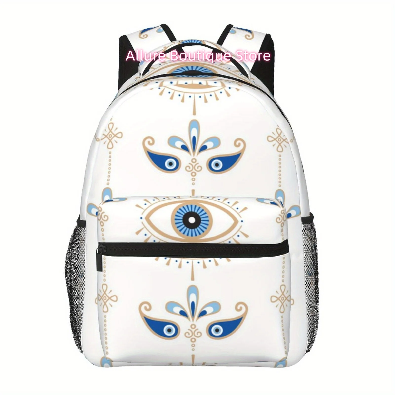 

1pc Men's Casual Evil Eye Pattern Backpack - Blue & White Totem Design, Large Capacity Lightweight Polyester Laptop Bag with Dou