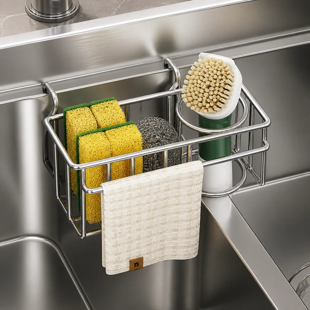 Wall-Mounted Stainless Steel Sponge Rack Multi-Functional Draining Storage Shelf Kitchen Organizer No-Installation Required