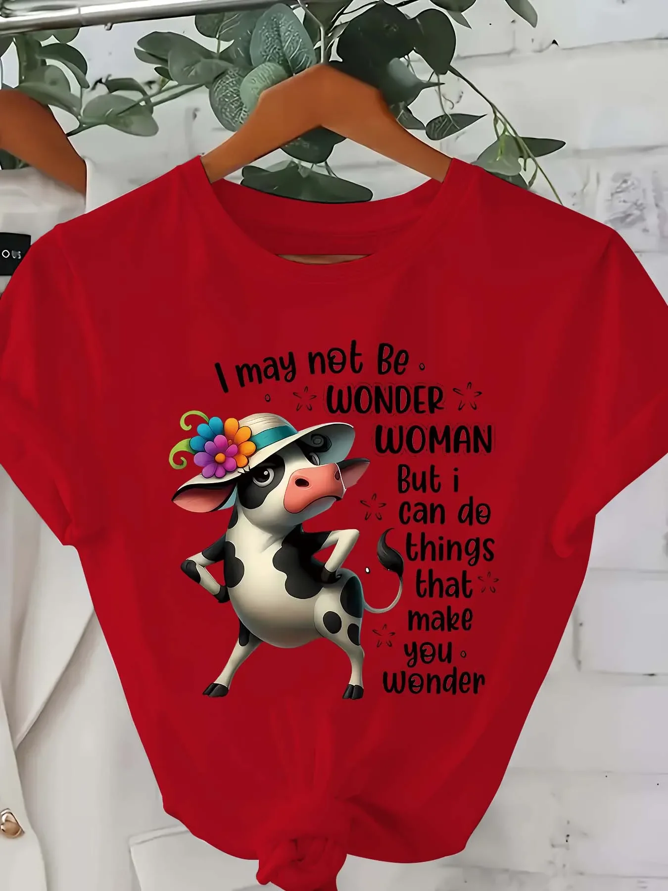 Women's Funny Cow Graphic Tee 'I May Not Be Wonder Women' Casual Pink Top That Makes You Wonder