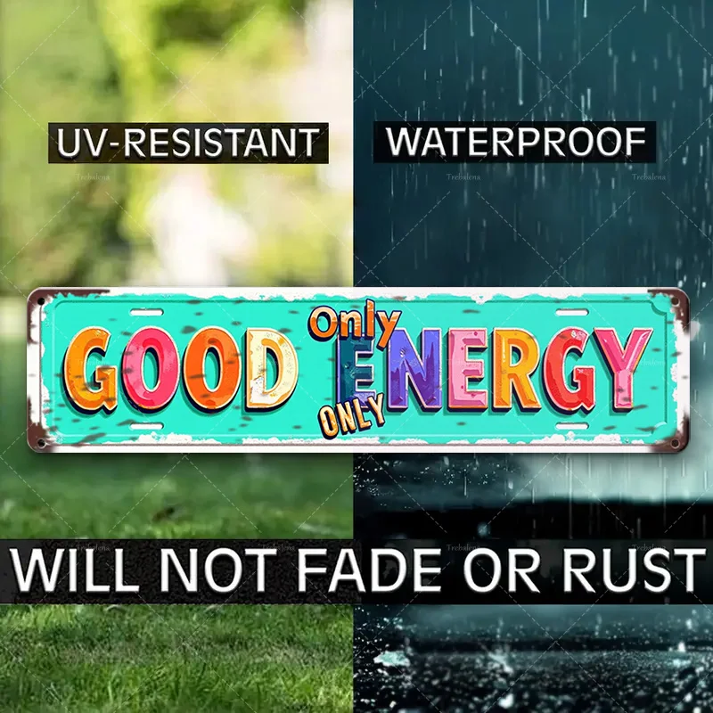 ป้ายโลหะ 1 ชิ้น 4x16 นิ้ว "พลังงานที่ดีเท่านั้น: ป้ายย้อนยุคที่สดใสสําหรับตกแต่งบ้าน"