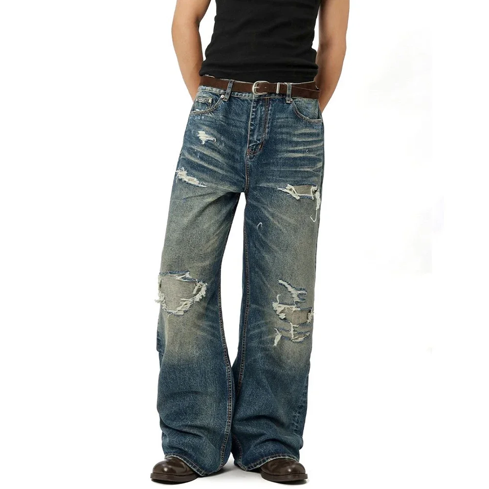 Washed Jeans Hip-Hop High Street Men's Denim Pants Hole Worn-out Streetwear Trousers Straight Wide Leg Casual Male Jeans  Autumn view 2