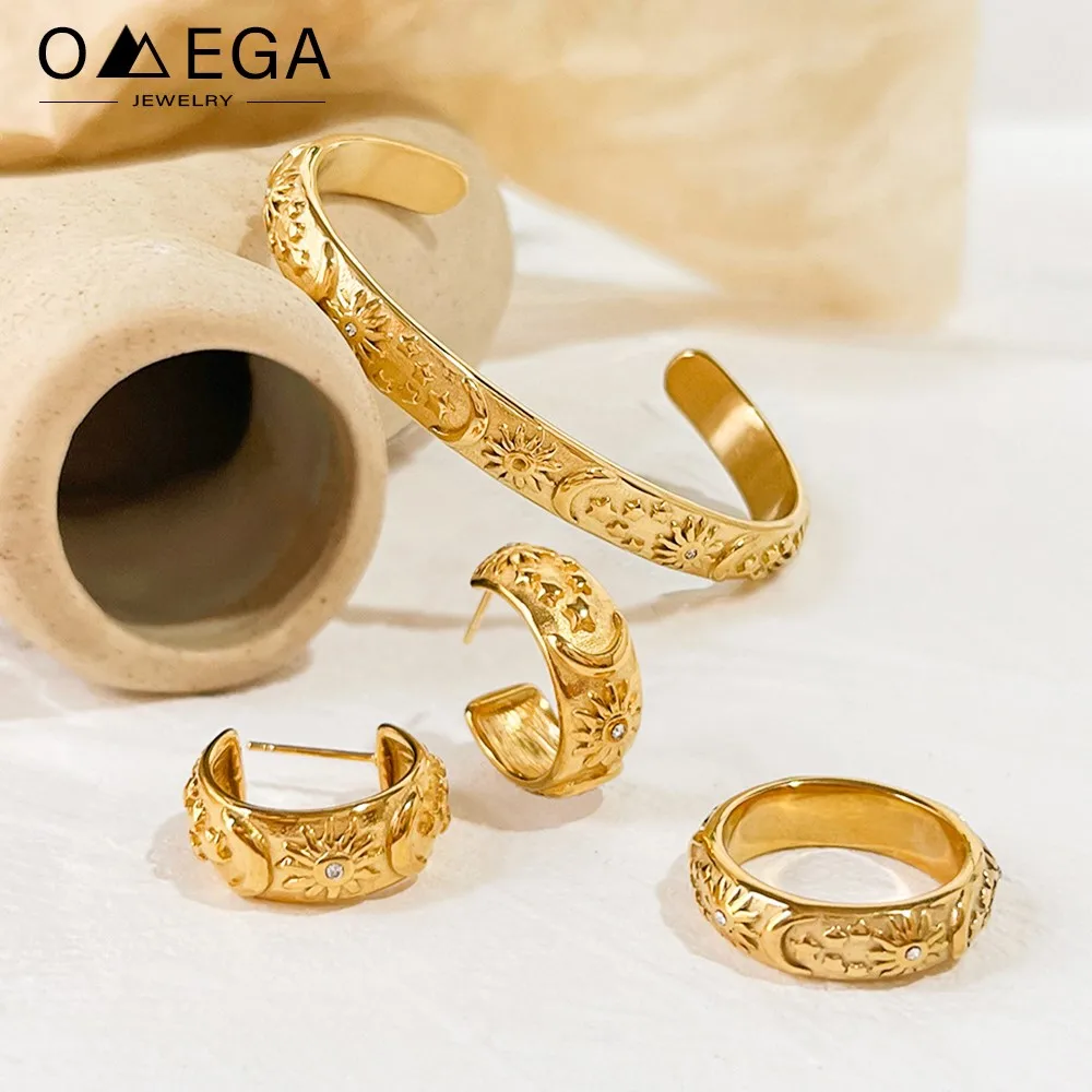 Pulsera étnica de acero inoxidable, anillo de pendiente a juego, pulseras chapadas en oro de 18k, brazalete, pendientes de aro, conjunto de anillos para mujer
