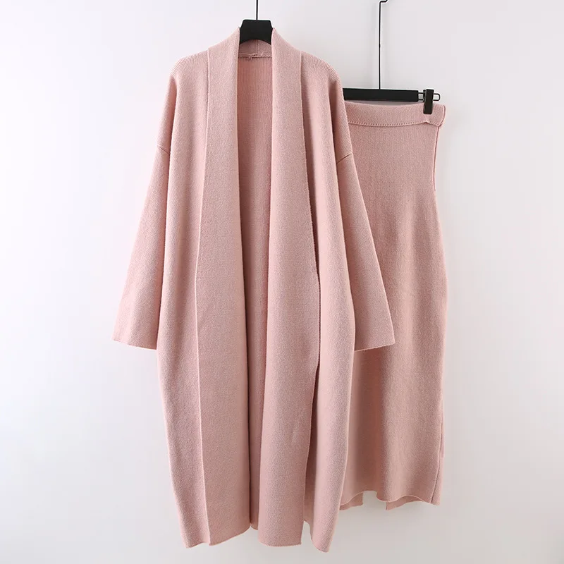 ZAMOR Chic High End Knit Set Women Fall Winter Loose Mid Length Cardigan Coat Tube Dress Two Piece Outfits Elegant