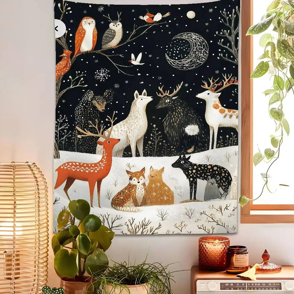 

Christmas Deer Cartoon Tapestry Bedroom Living Bar Garden Outdoor Microfiber Festival Decoration Background Art Banner