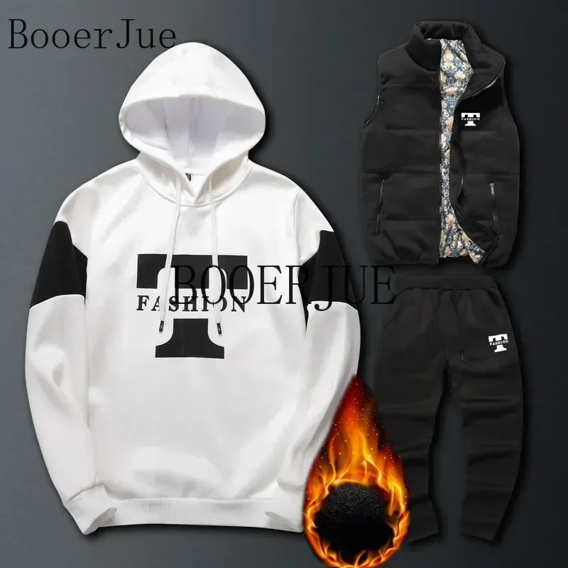 Mens Set Vest 3 Pieces Set Hoodies+Vest+Pants Casual Track Suit Clothing Coats Winter Thick Warm Tracksuit for Couple Printed