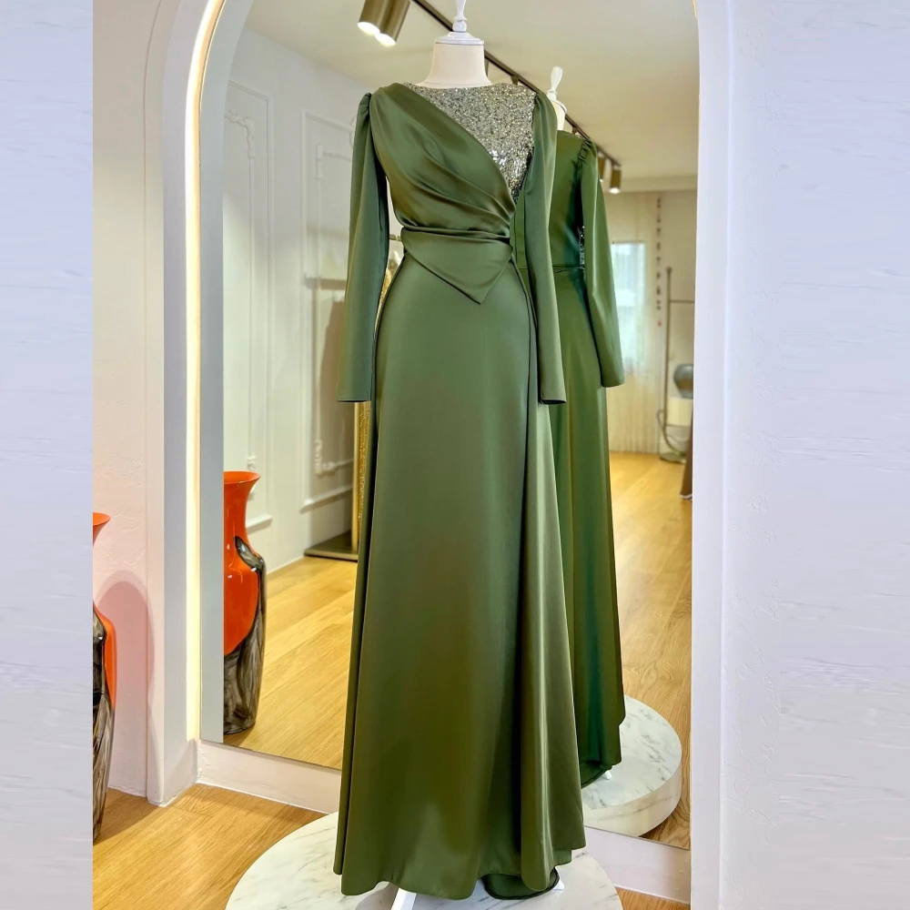 

Carolina O-Neck Pleated Evening Dresses Women Saudi Arabia Long Sleeves Sequined Satin Wedding Guest Elegant Formal Party Gowns