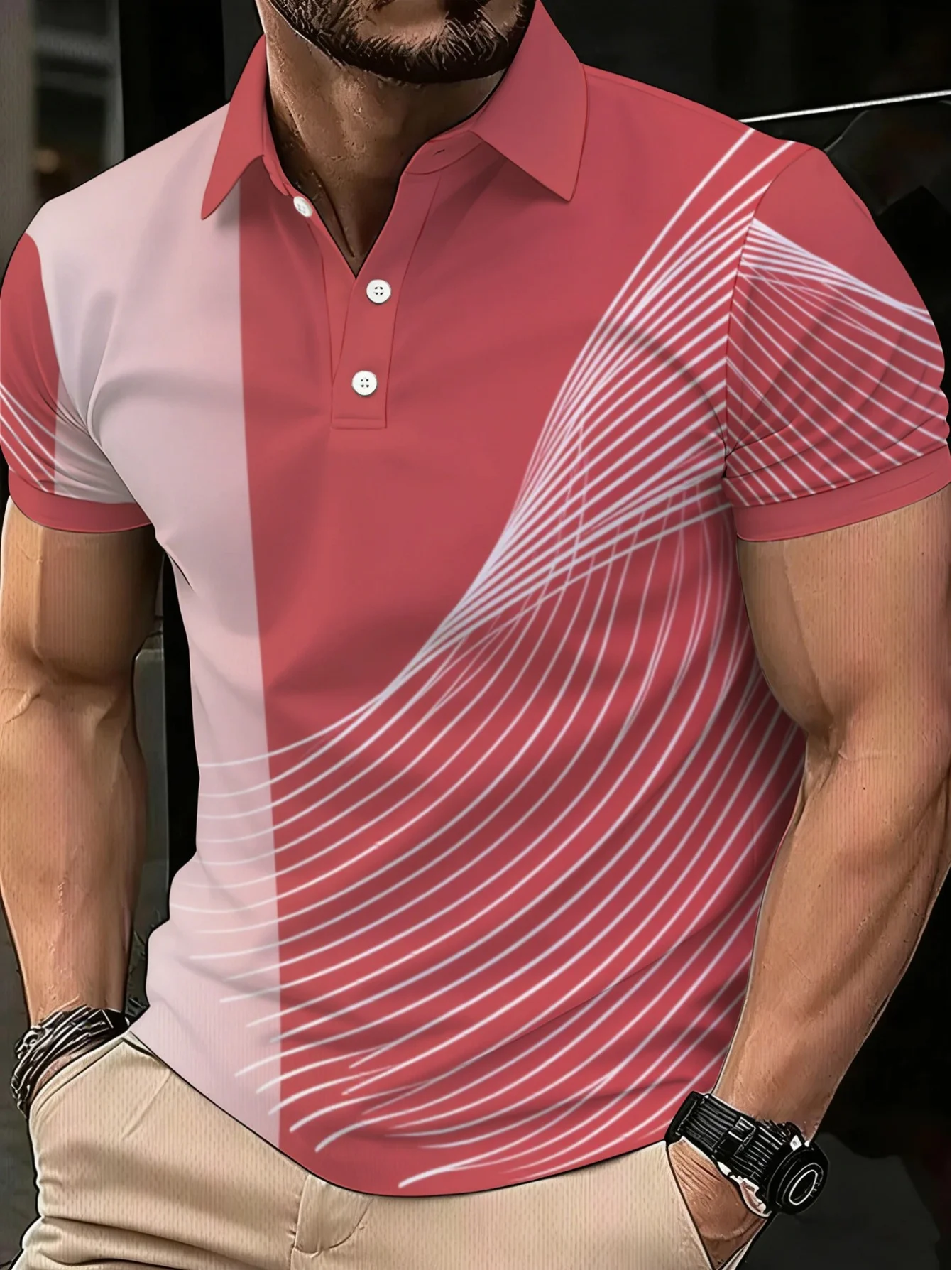 New men's short-sleeve polo shirt T-shirt, loose-fitting and tailored with printed patterns, versatile basic crew-neck top suita