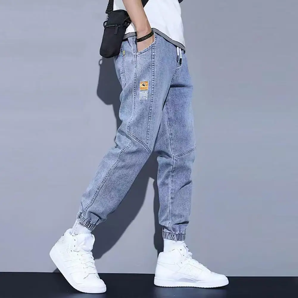 Men Jeans Autumn Winter Warm Plush Lined Drawstring Elastic Waist Pockets Casual Loose Soft Male Cuffed Trousers Menswear