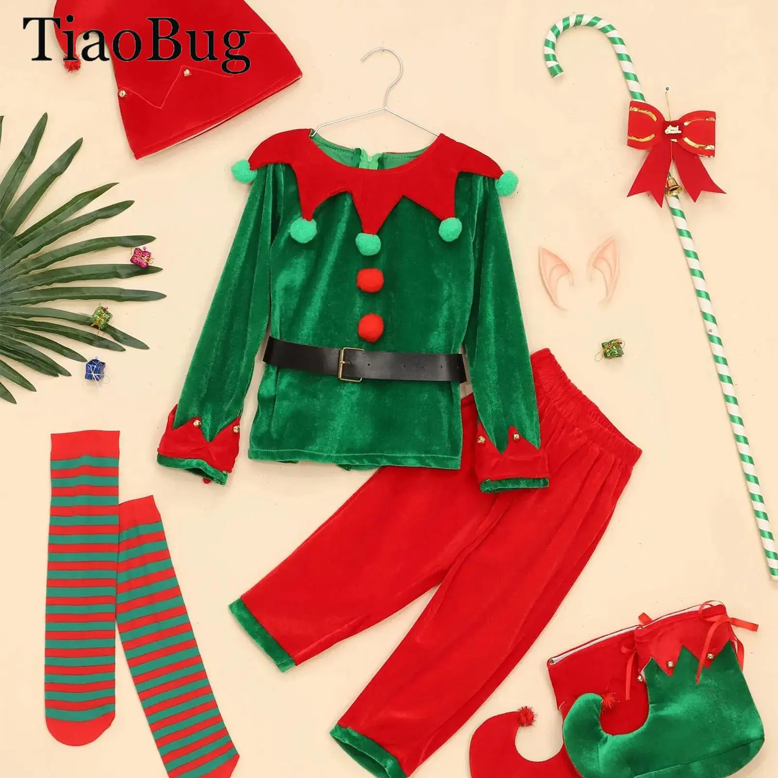 

New Year Elf Costume For Boys Green Santa Clause Suit Set with Shirt Pants Hat Elf Ears Belt Stockings Christmas Fancy Dress Up