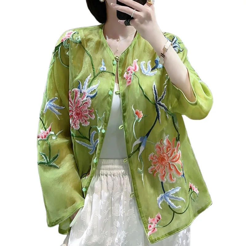 

High-end Spring Summer Top Chinese Tang Attire Retro Embroidery Elegant Lady Silk Organza Blouse Female S-XXL