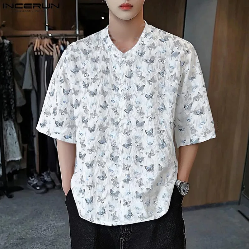

INCERUN Tops Korean Style Fashion Men's Butterfly Print Texture Design Shirts Casual Streetwear Short Sleeved Collarless Blouse